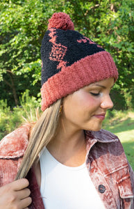 Winona Black And Paprika Aztec Beanie Pom