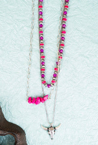 Fuchsia Steer Skull Western Layered Necklace