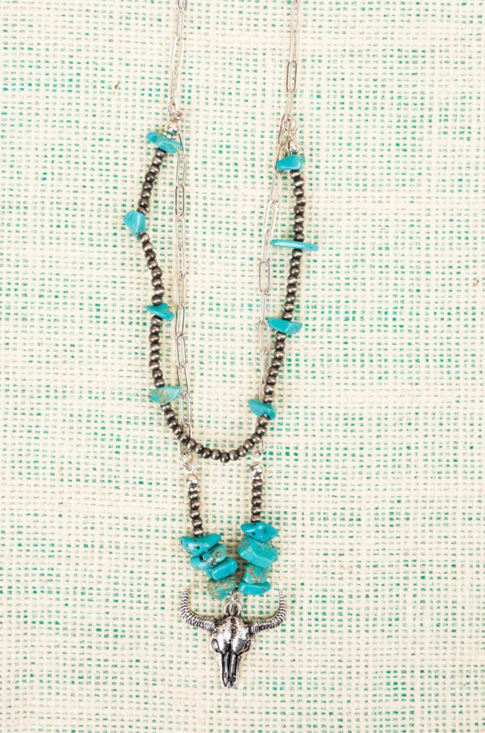 Turquoise And Bead Steer Skull Western Layered Necklace