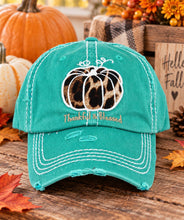 Load image into Gallery viewer, Turquoise Thankful And Blessed Pumpkin Fall Thanksgiving Distressed Hat
