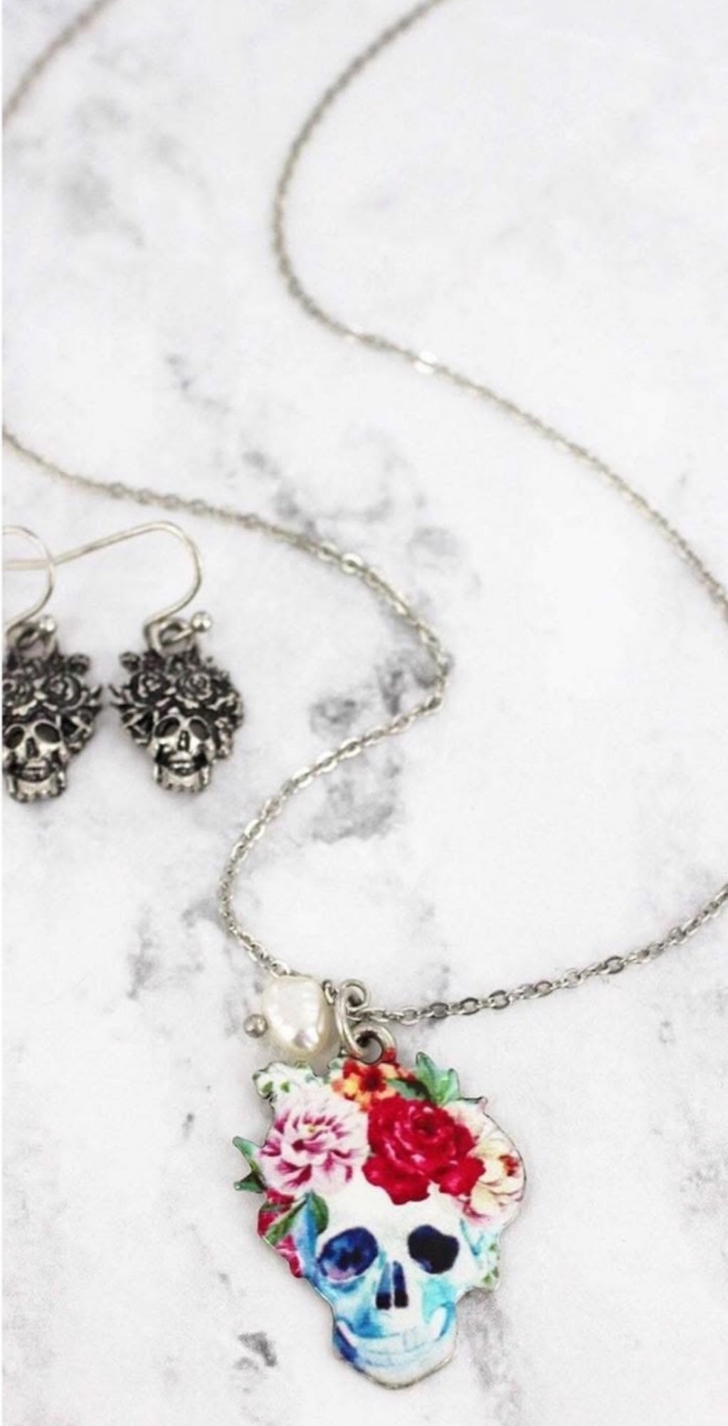 Day Of The Dead Skull Halloween Necklace And Earrings Set