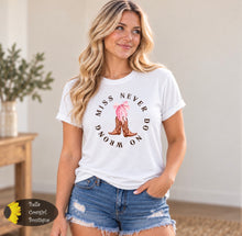 Load image into Gallery viewer, Miss Never Do No Wrong Boots And Bow Country Music T-Shirt
