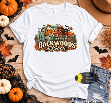Load image into Gallery viewer, Backwoods And Boos Vintage Fall Truck Pups Halloween T-Shirt
