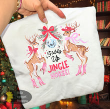 Load image into Gallery viewer, Giddy Up Jingle Horse Reindeer Pink Boots Western Christmas T-Shirt
