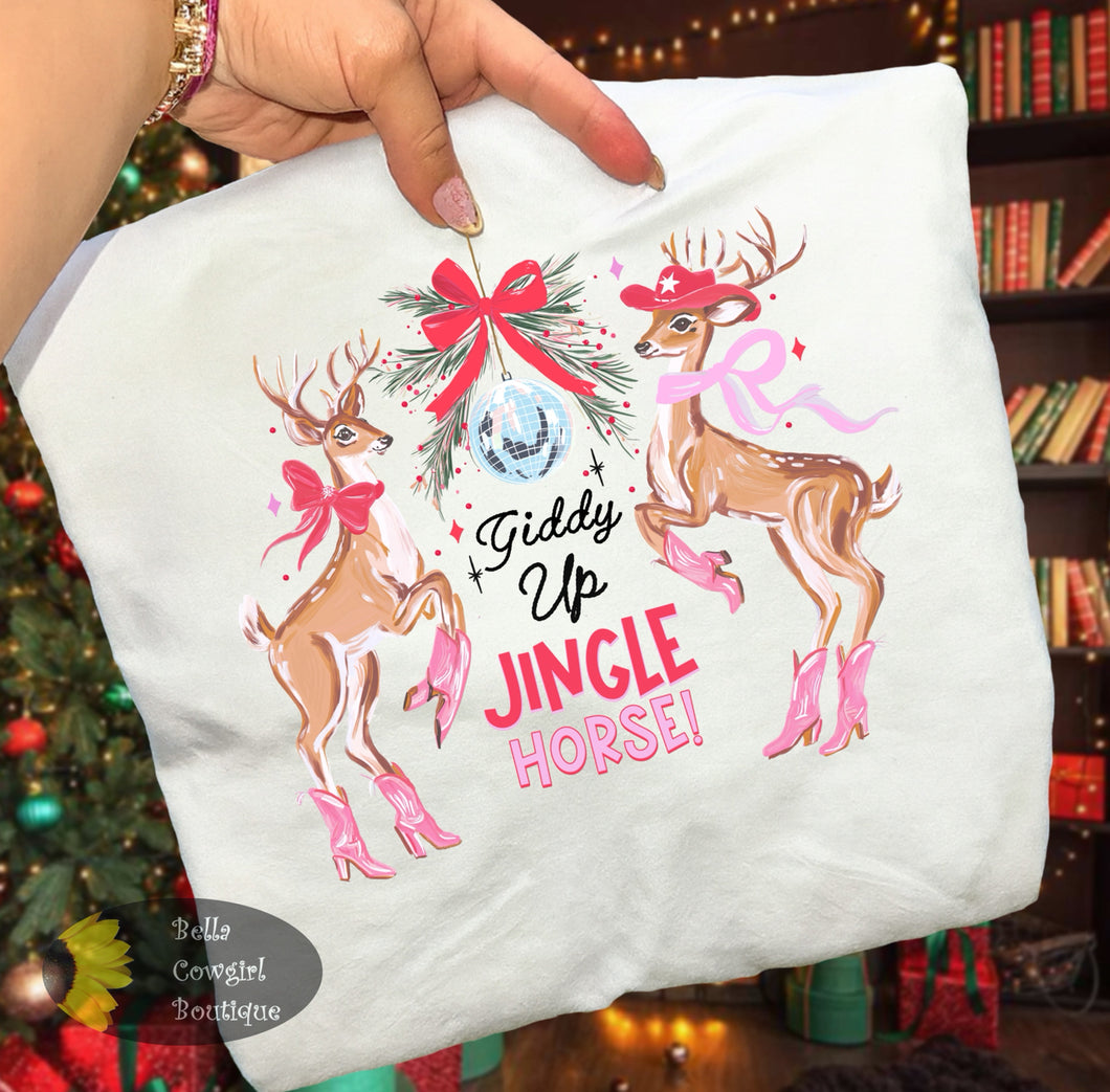 Giddy Up Jingle Horse Reindeer Pink Boots Western Christmas T-Shirt