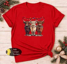 Load image into Gallery viewer, Festive Christmas Light Cows Western T-Shirt
