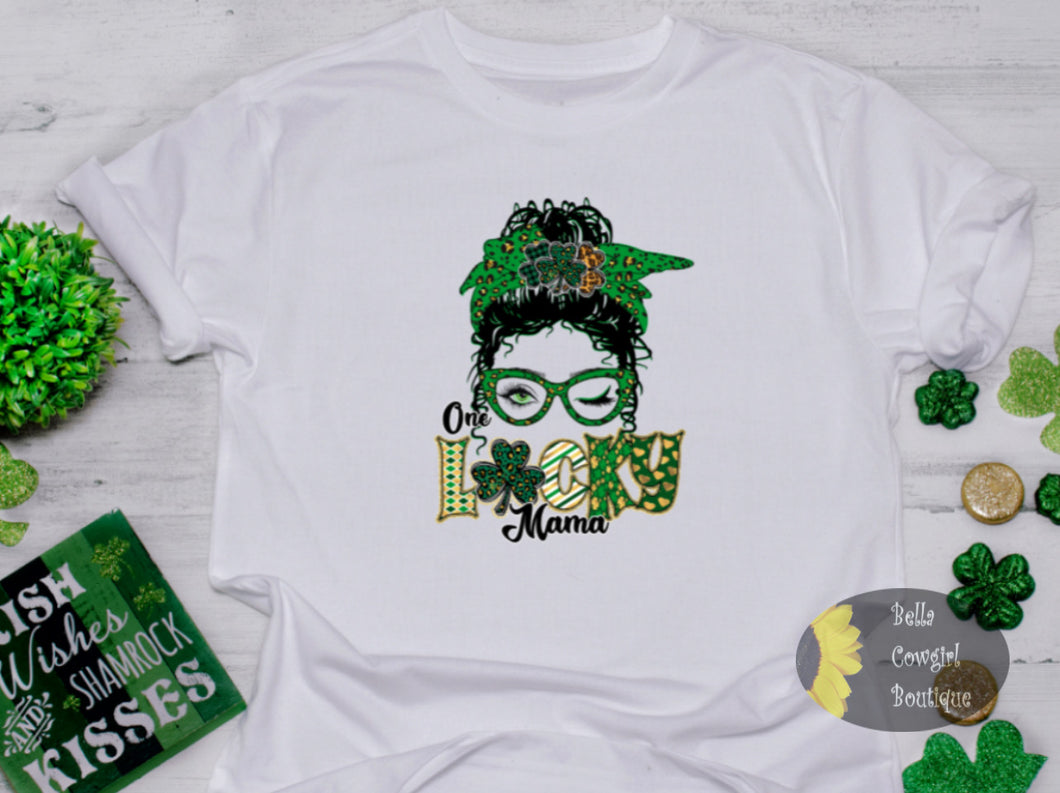 One Lucky Mama Clover Messy Bun St. Patrick's Day T-Shirt