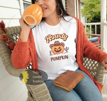 Load image into Gallery viewer, Howdy Pumpkin Jack O&#39; Lantern Western Halloween T-Shirt
