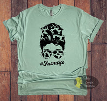 Load image into Gallery viewer, Cow Print Messy Bun Western #Farm Life T-Shirt
