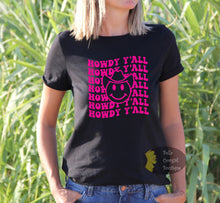 Load image into Gallery viewer, Howdy Y&#39;all Smiley Face Western Women&#39;s T-Shirt
