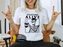 Load image into Gallery viewer, Staying Alive Coffee Skeleton Funny Halloween Women&#39;s T-Shirt
