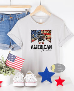 American Mama Messy Bun American Flag Leopard Patriotic T-Shirt