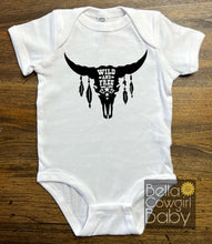 Load image into Gallery viewer, Wild And Free Steer Skull Western Baby Onesie Bodysuit
