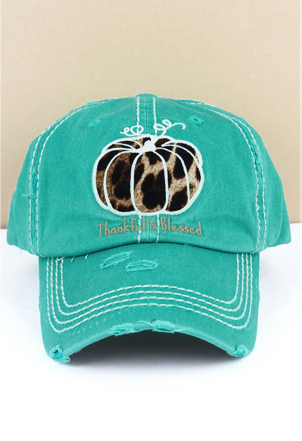 Turquoise Thankful And Blessed Pumpkin Fall Thanksgiving Distressed Hat