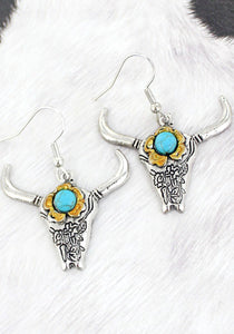 Turquoise And Silvertone Steer Skull Western Earrings