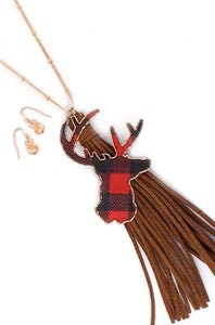 Red Buffalo Deer Christmas Tassel Necklace And Earrings Set
