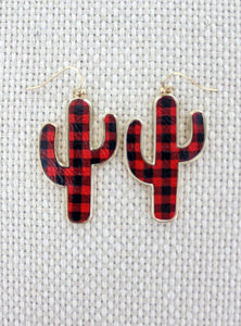 Red Buffalo Plaid Cactus Christmas Earrings