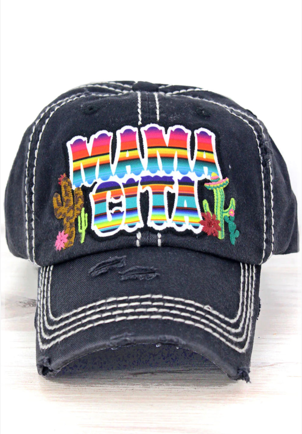 Serape Aztec Cactus Mamacita Distressed Hat - Black