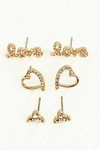 Crystal Goldtone Love Themed Valentine's Day 3 Pair Earrings