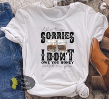 Load image into Gallery viewer, All Of These Sorries I Don&#39;t Owe You Honey Wasted On You Whiskey Country Music T-Shirt
