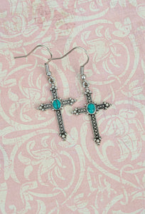 Silvertone Turquoise Cross Easter Earrings