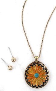 Goldtone Western Orange Flower Necklace And Earrings Set