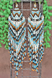 Blue Aztec Fringe Western Seed Bead Earrings