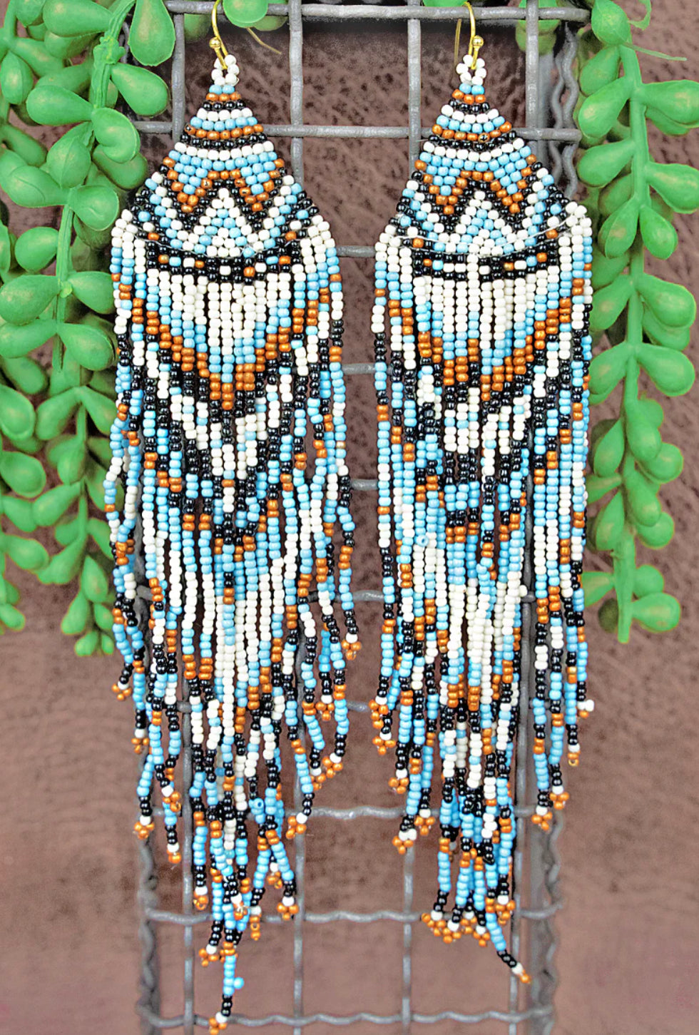 Blue Aztec Fringe Western Seed Bead Earrings