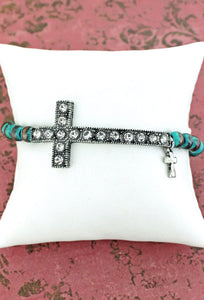 Crystal Cross Turquoise Patina Pearl Christian Bracelet