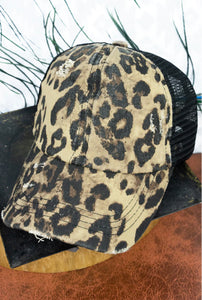 Leopard Mesh Ponytail Distressed Hat