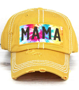 Mama With Tie Dye Mother's Day Distressed Hat - Mustard