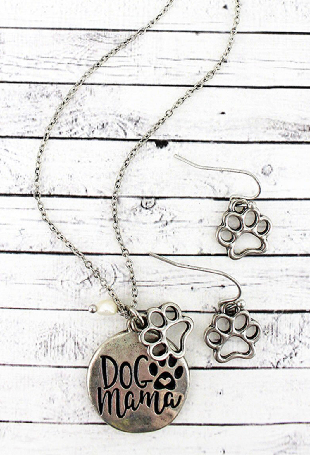 Dog Mom Pearl And  Paw Necklace & Earrings Set