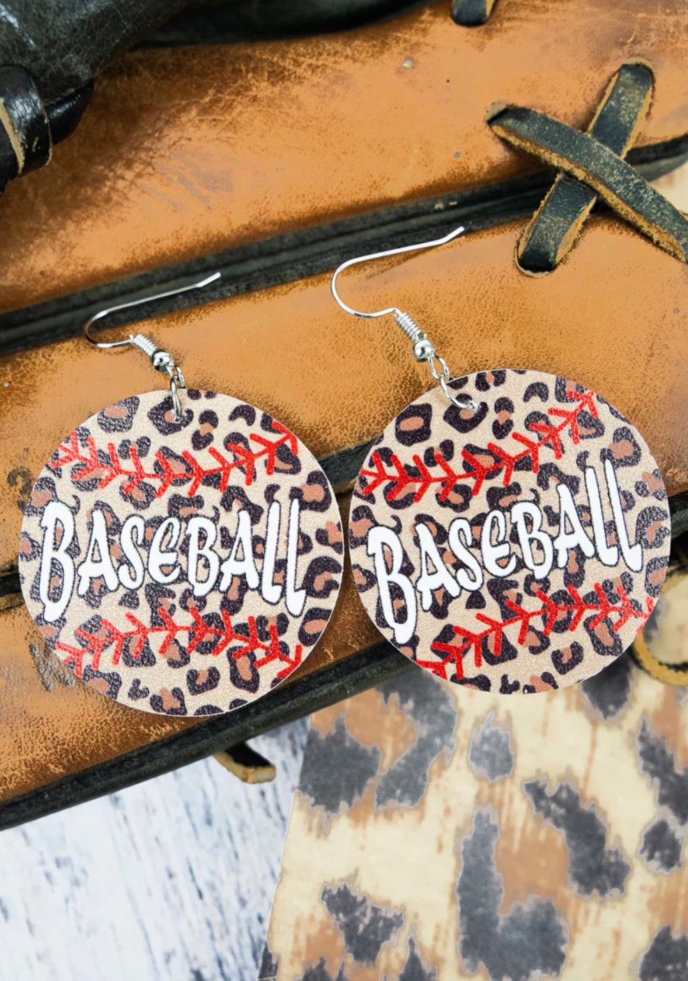 Leopard Baseball Faux Leather Earrings