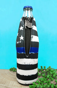 Back The Blue American Flag Patriotic Zip-Up Koozie Drink Sleeve