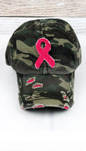 Load image into Gallery viewer, Camo Pink Ribbon Breast Cancer Awareness Distressed Hat
