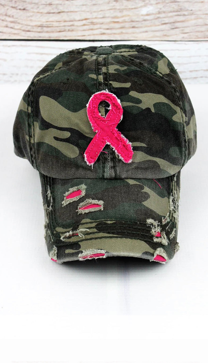 Camo Pink Ribbon Breast Cancer Awareness Distressed Hat