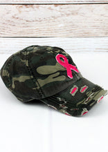Load image into Gallery viewer, Camo Pink Ribbon Breast Cancer Awareness Distressed Hat
