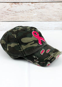 Camo Pink Ribbon Breast Cancer Awareness Distressed Hat