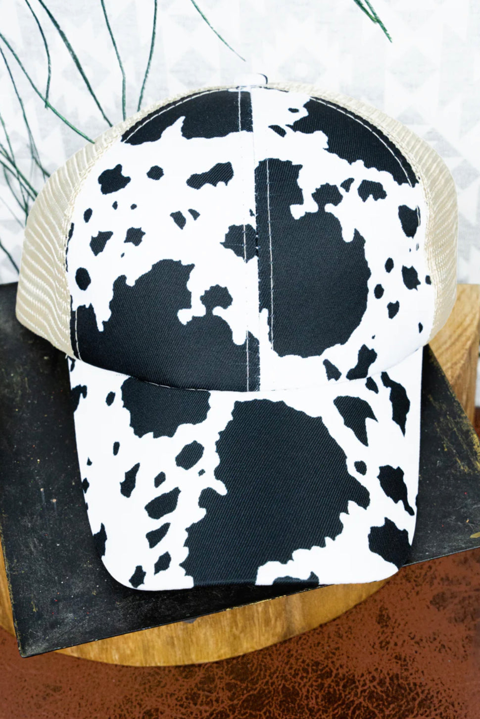 Cow Print Ponytail Mesh Western Hat