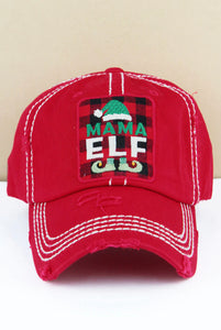 Mama Elf Red Plaid Christmas Distressed Hat - Red